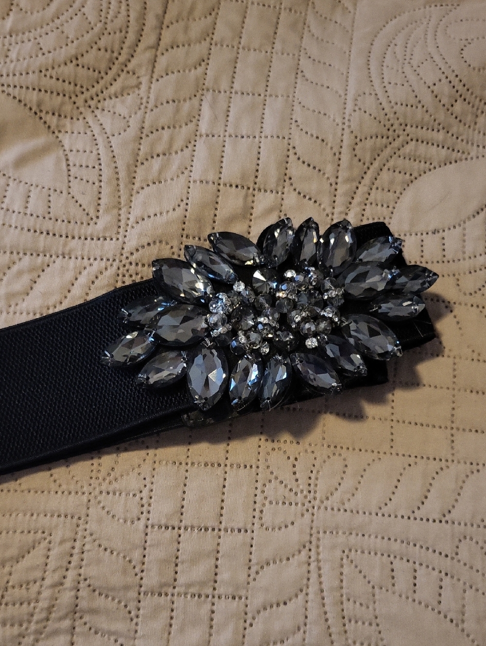 Black Crystal Floral Stretch Belt with Smoky Gems